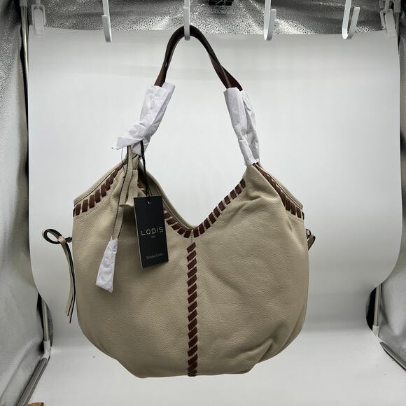 LODIS Womens Purse Medium Whipstitch Leather Tote Lacey Sand/Chestnut - Picture 14 of 14